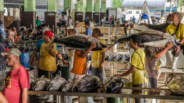 Traders and workers mill around a fish market in Mindanao
