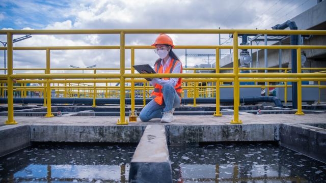 A woman taking a water sample from a wastewater treatment pond.