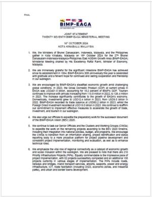 Joint Statement of the Twenty-Seventh BIMP-EAGA Ministerial Meeting